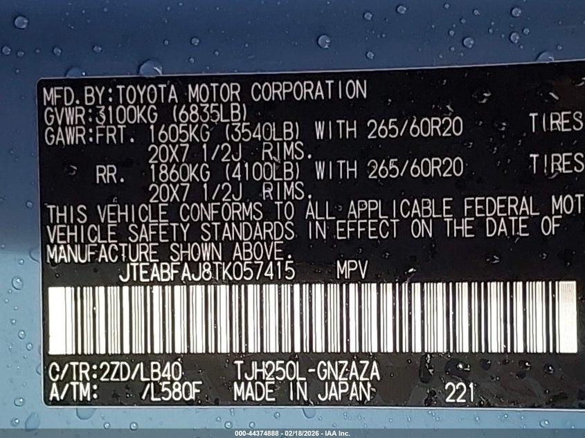 2026 Toyota Land Cruiser VIN: JTEABFAJ8TK057415 Lot: 44374888
