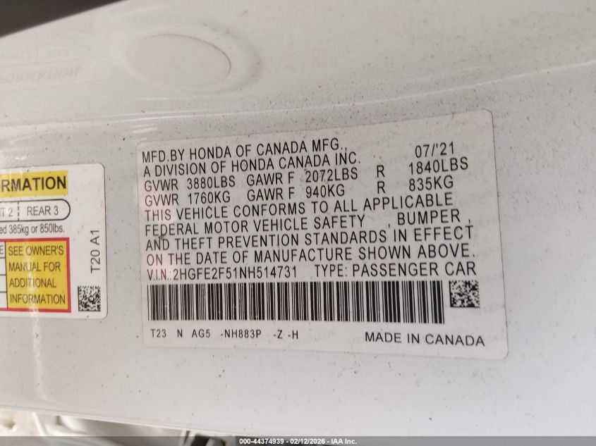 2022 Honda Civic Sport VIN: 2HGFE2F51NH514731 Lot: 44374939