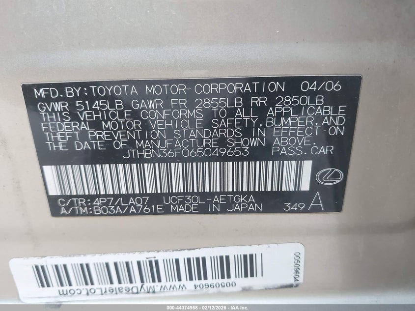 2006 Lexus Ls 430 VIN: JTHBN36F065049653 Lot: 44374958