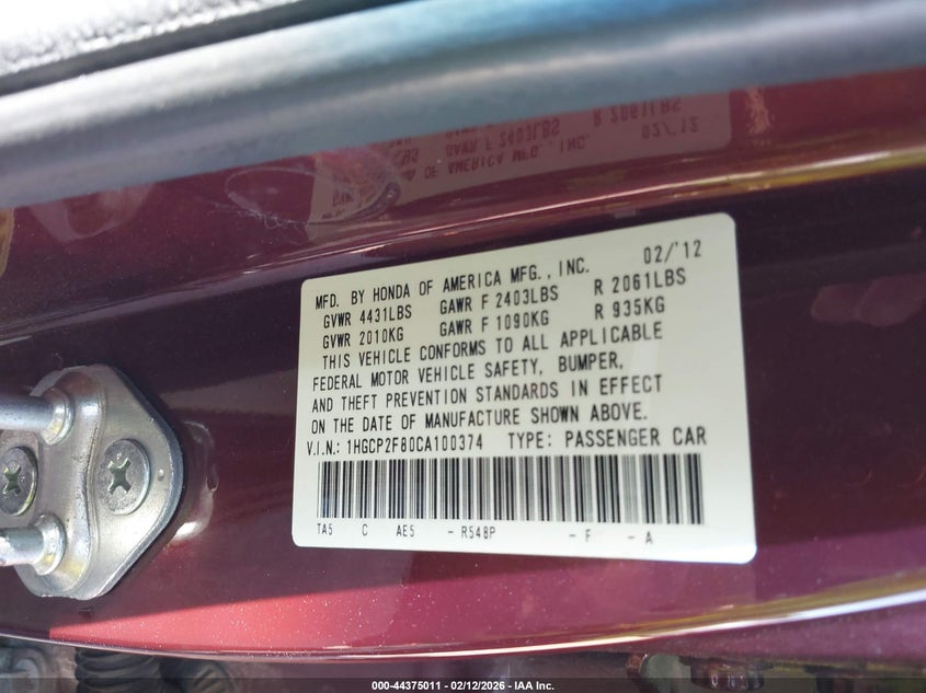 2012 Honda Accord 2.4 2.4 Ex-L brown Lot 111044375011 Vin 1HGCP2F80CA100374
