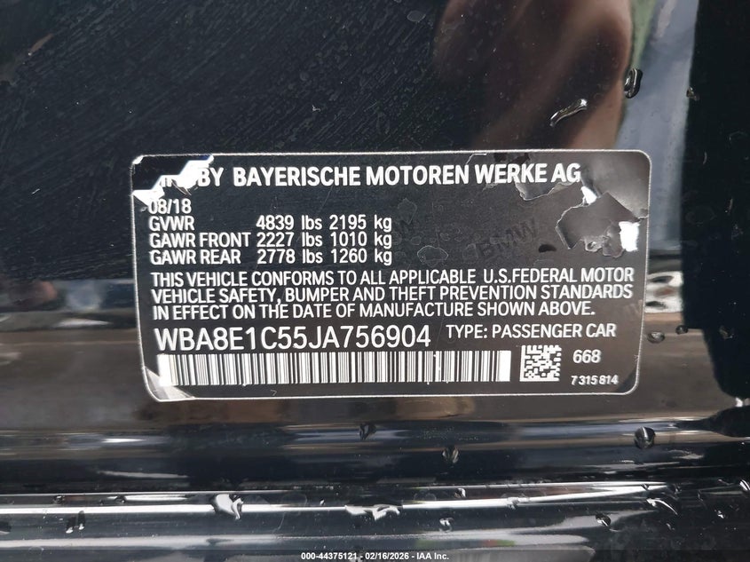 VIN: WBA8E1C55JA756904 2018 BMW 330E IPERFORMANCE