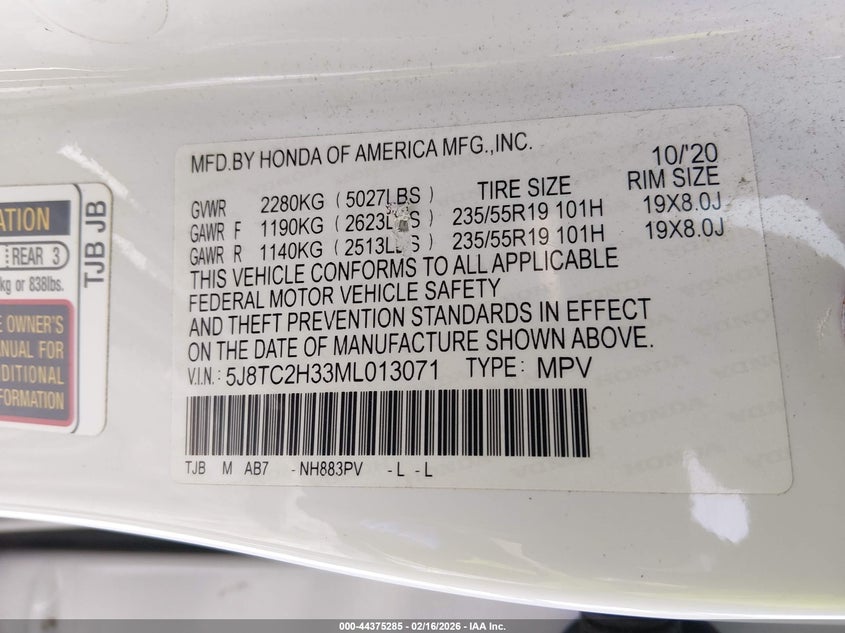 2021 ACURA RDX 2.0L I-4 DI, DOHC, V(VIN: 5J8TC2H33ML013071