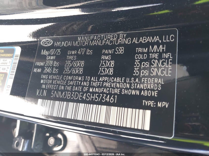 2025 HYUNDAI TUCSON 2.5L I-4 DI, DOHC, V(VIN: 5NMJB3DE4SH573461
