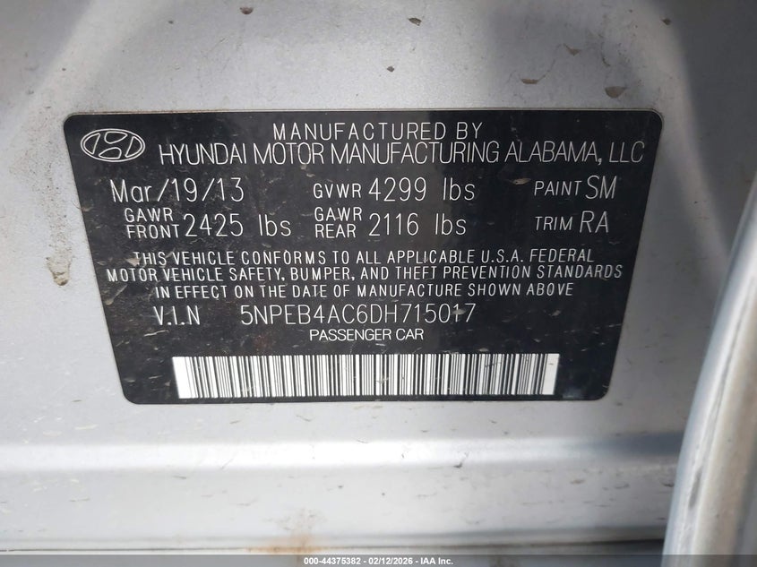 2013 Hyundai Sonata Gls VIN: 5NPEB4AC6DH715017 Lot: 44375382