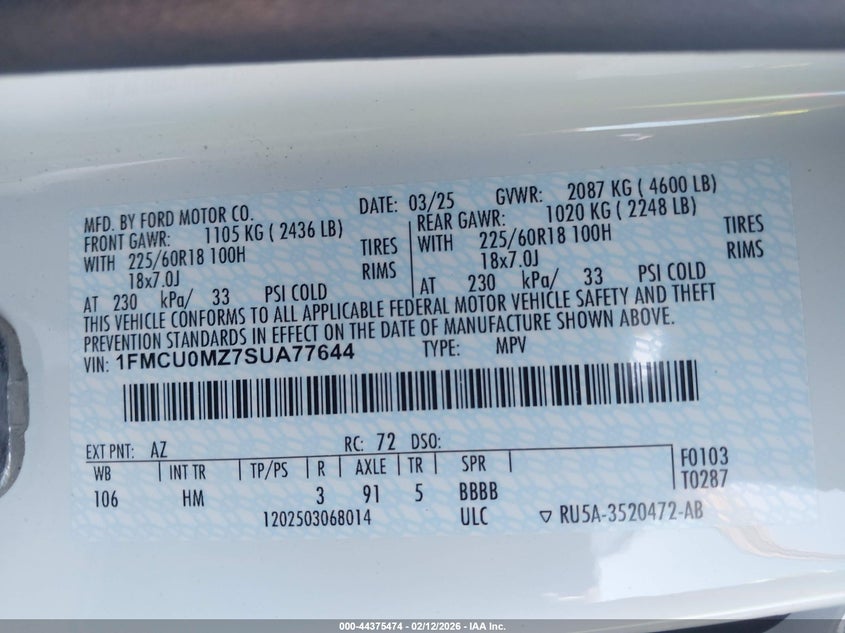 2025 FORD ESCAPE 2.5L I-4 DOHC, VVT, (VIN: 1FMCU0MZ7SUA77644