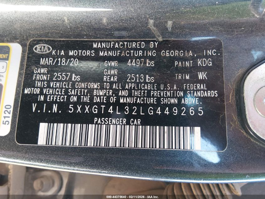 2020 Kia Optima Lx VIN: 5XXGT4L32LG449265 Lot: 44375640