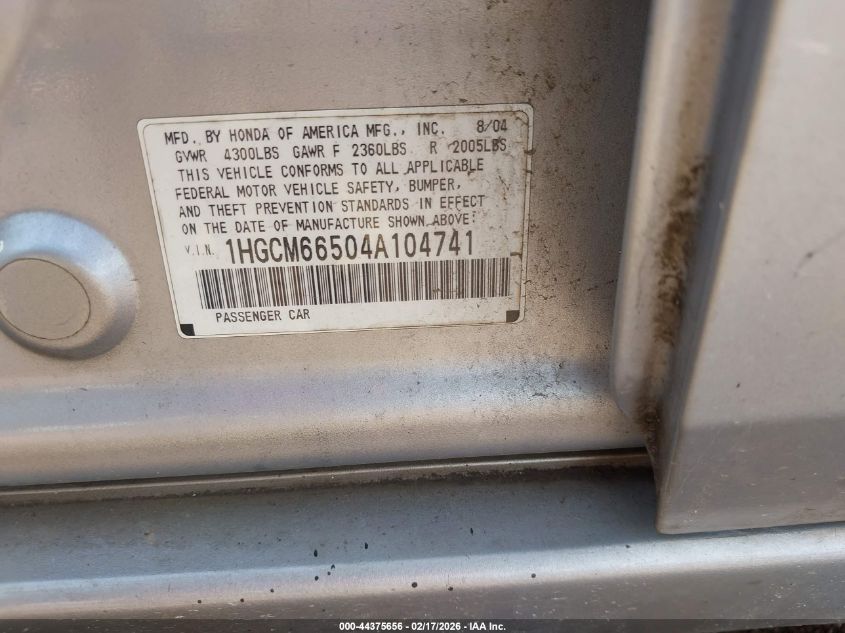 2004 Honda Accord 3.0 Ex VIN: 1HGCM66504A104741 Lot: 44375656