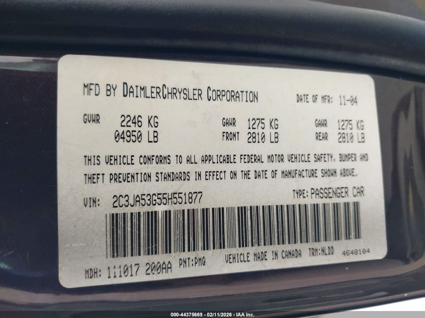 2005 Chrysler 300 Touring VIN: 2C3JA53G55H551877 Lot: 44375669