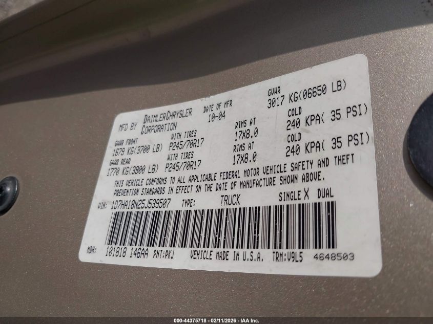 2005 Dodge Ram 1500 Slt/Laramie VIN: 1D7HA18N25J539507 Lot: 44375718