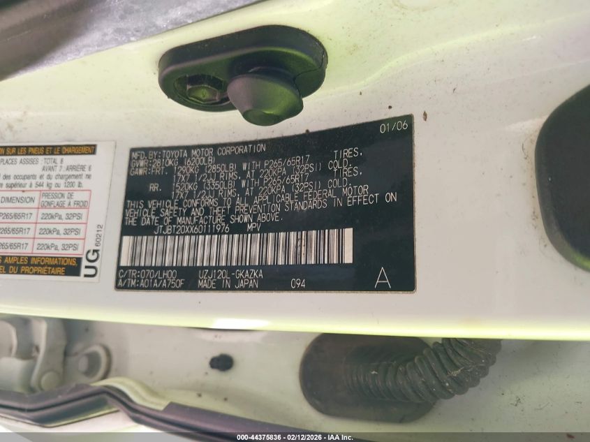 2006 Lexus Gx 470 VIN: JTJBT20XX60111976 Lot: 44375836