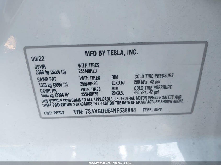 2022 TESLA MODEL Y ELECTRIC(VIN: 7SAYGDEE4NF538884