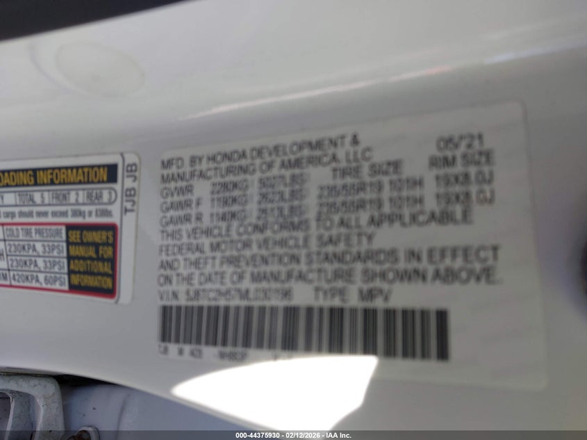 2021 ACURA RDX 2.0L I-4 DI, DOHC, V(VIN: 5J8TC2H57ML030196