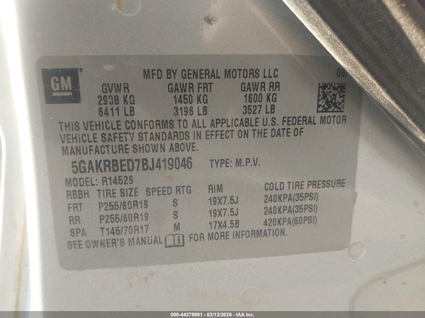 2011 Buick Enclave 1Xl VIN: 5GAKRBED7BJ419046 Lot: 44375991