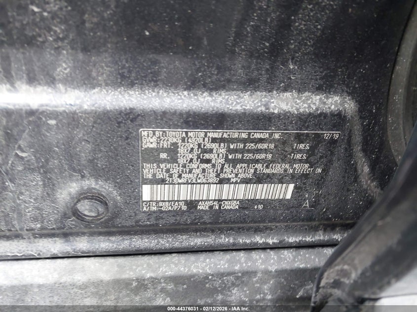 VIN 2T3DWRFV3LW063892 2020 TOYOTA RAV4 HYBRID LIMITED