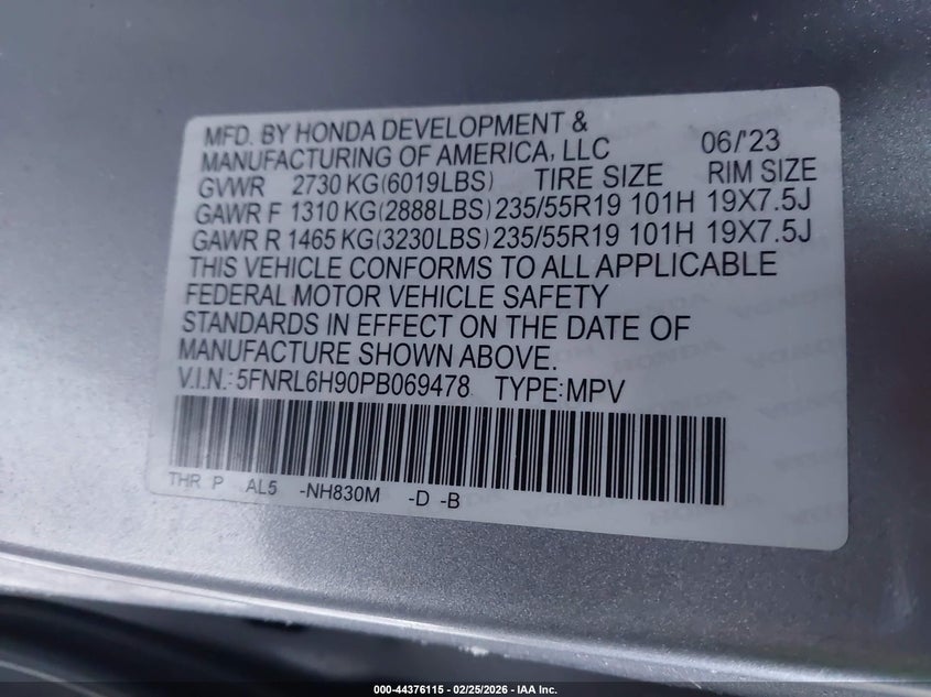 VIN 5FNRL6H90PB069478 2023 HONDA ODYSSEY ELITE