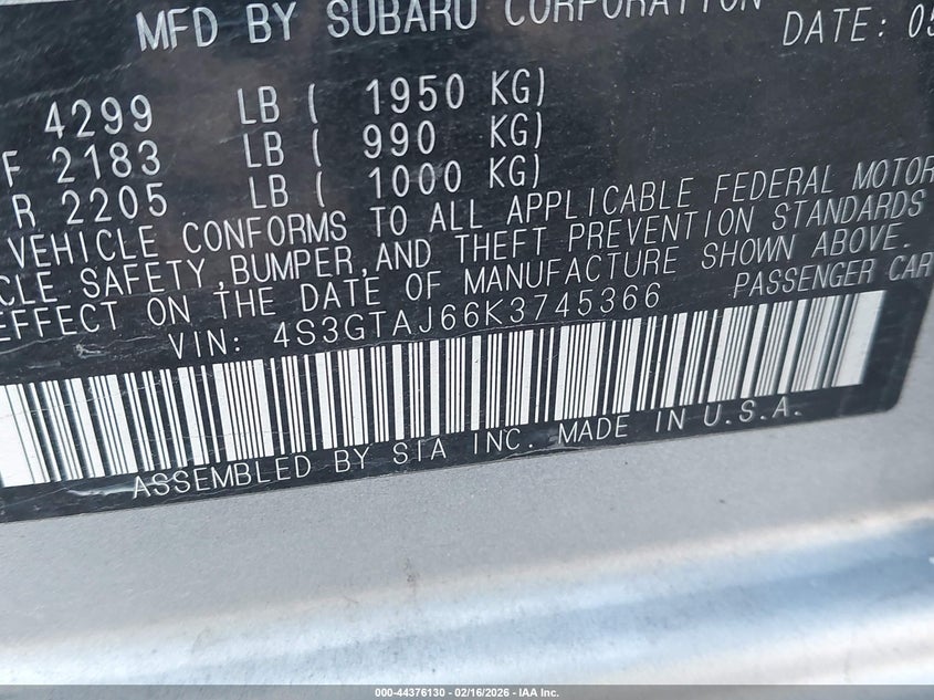 2019 SUBARU IMPREZA HATCHBACK 2.0L H-4 DI, DOHC, VVT, 152HP