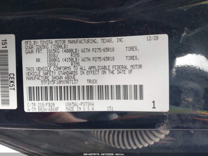 2021 TOYOTA TUNDRA 5.7L V-8 DOHC, VVT, (VIN: 5TFDY5F10MX987137