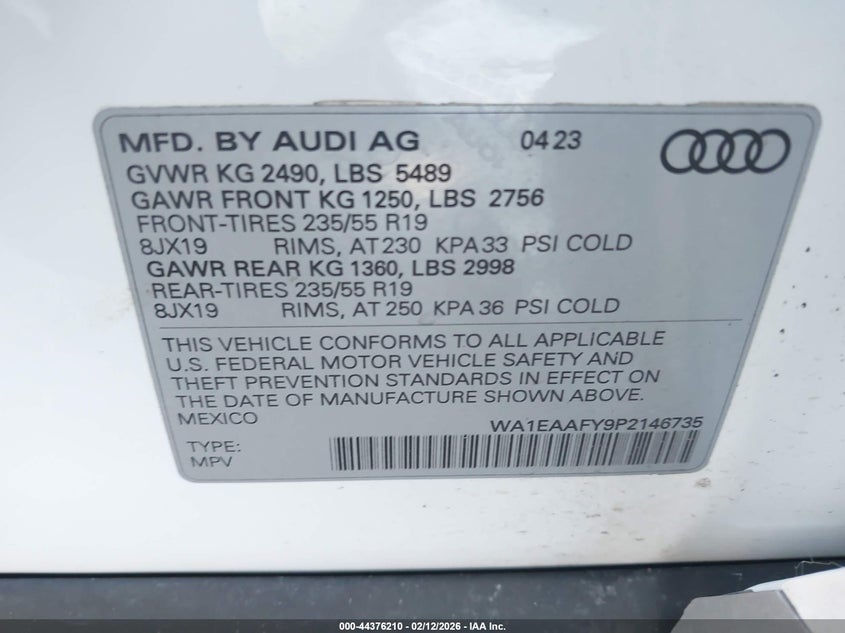 2023 AUDI Q5 2.0L I-4 DI, DOHC, V(VIN: WA1EAAFY9P2146735
