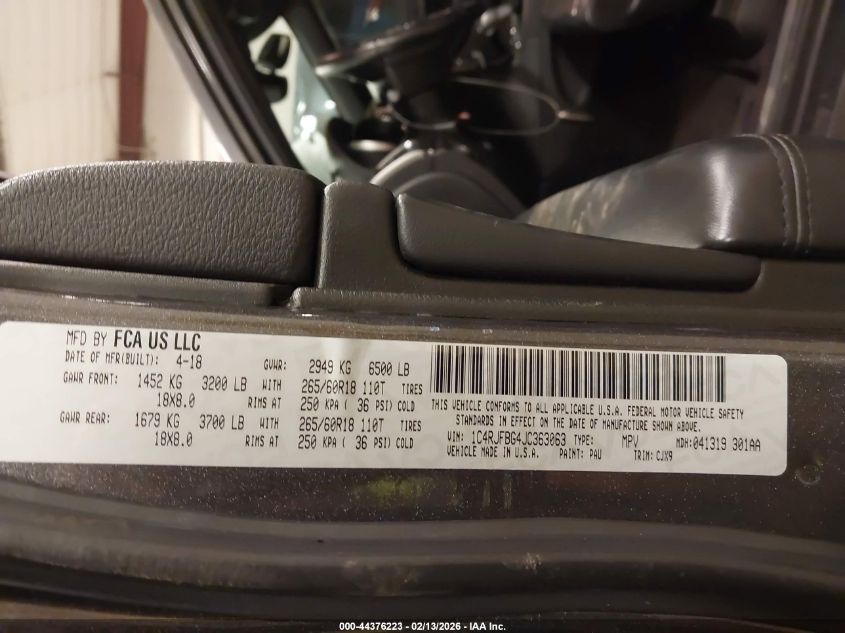 2018 Jeep Grand Cherokee Limited 4X4 VIN: 1C4RJFBG4JC363063 Lot: 44376223