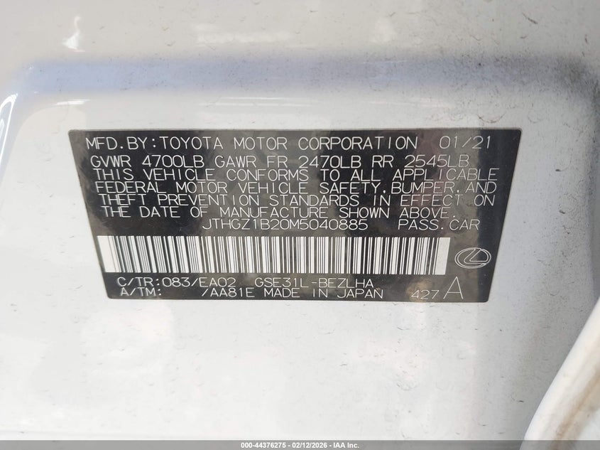 2021 Lexus Is 350 F Sport VIN: JTHGZ1B20M5040885 Lot: 44376275