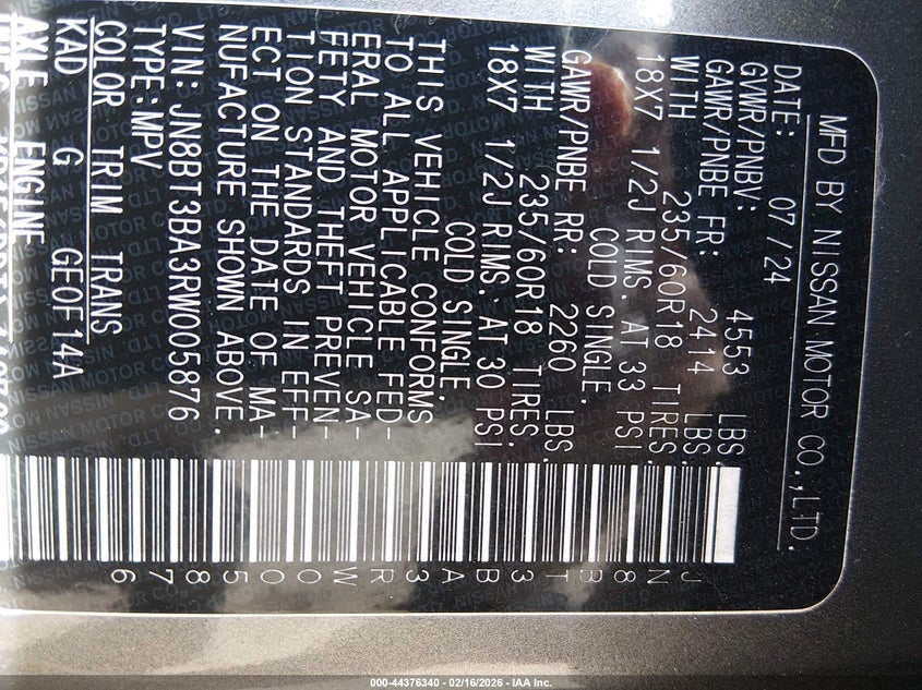 2024 NISSAN ROGUE 1.5L I-3 DI, DOHC, V(VIN: JN8BT3BA3RW005876