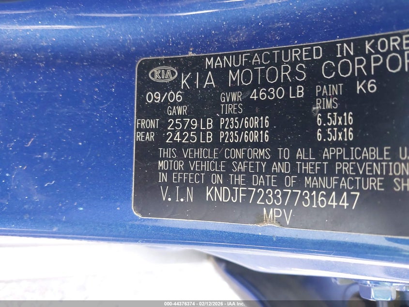 2007 Kia Sportage Ex V6 VIN: KNDJF723377316447 Lot: 44376374