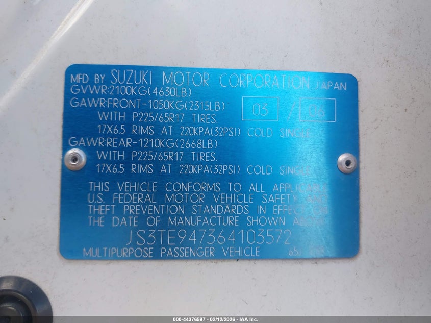 2006 Suzuki Grand Vitara Luxury VIN: JS3TE947364103572 Lot: 44376597
