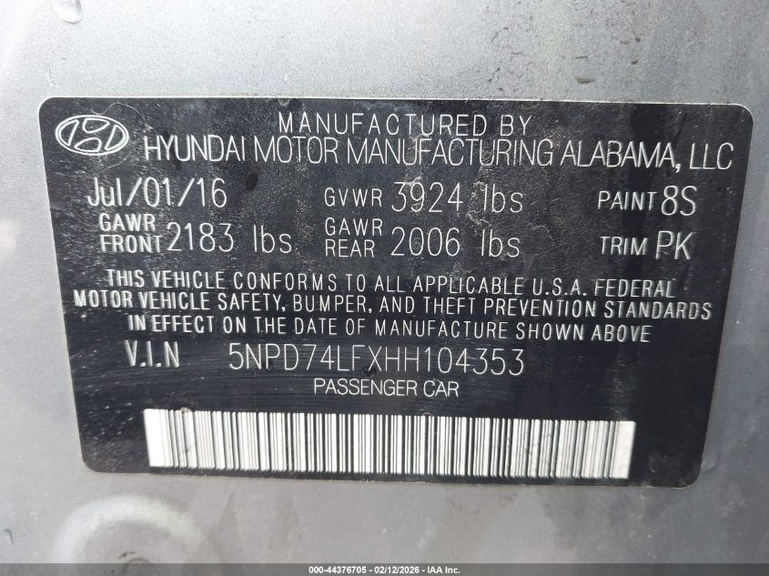 2017 Hyundai Elantra Se VIN: 5NPD74LFXHH104353 Lot: 44376705