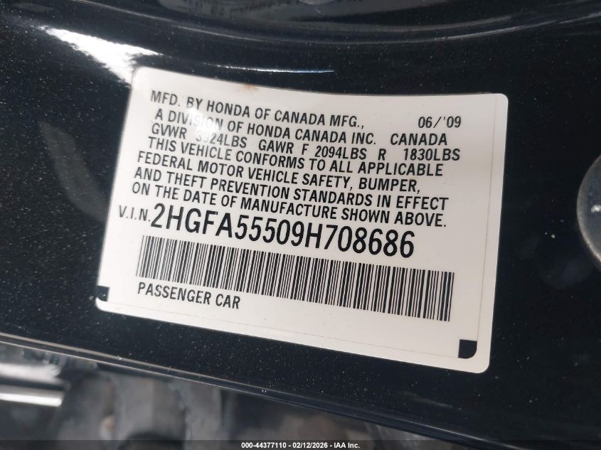 2009 Honda Civic Si VIN: 2HGFA55509H708686 Lot: 44377110
