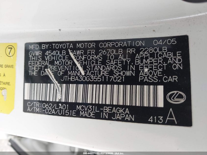 2005 Lexus Es 330 VIN: JTHBA30G355117021 Lot: 44377125