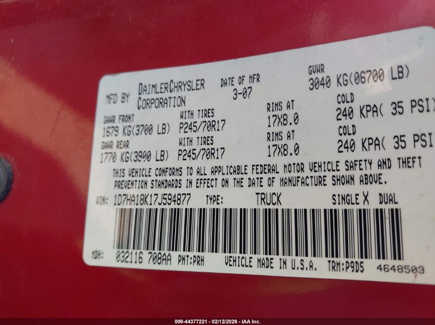 2007 Dodge Ram 1500 St VIN: 1D7HA18K17J594877 Lot: 44377221