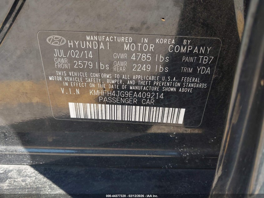 2014 Hyundai Azera Limited VIN: KMHFH4JG9EA409214 Lot: 44377328