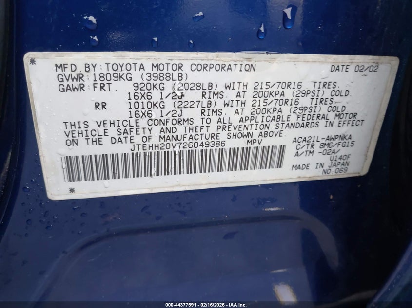 2002 Toyota Rav4 VIN: JTEHH20V726049386 Lot: 44377591