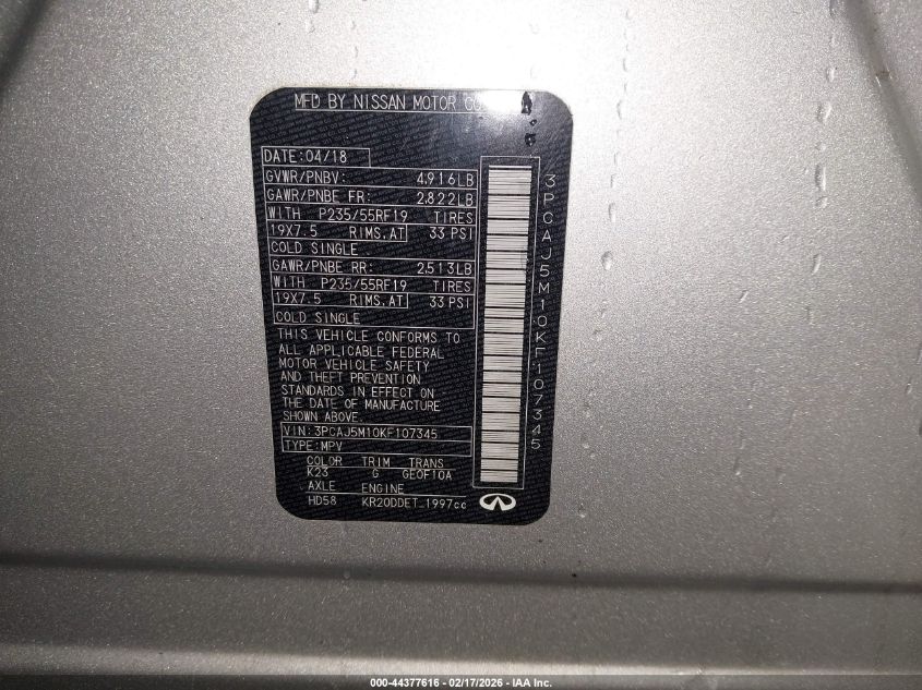 2019 Infiniti Qx50 Essential VIN: 3PCAJ5M10KF107345 Lot: 44377616