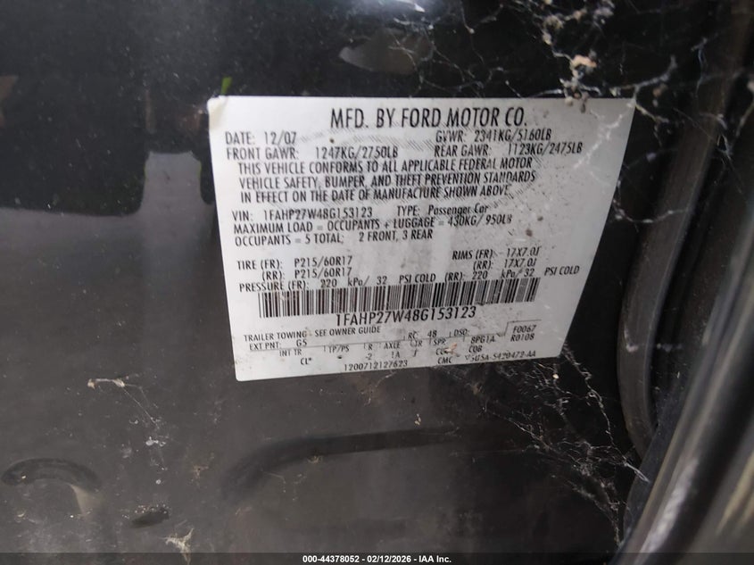 2008 Ford Taurus Sel VIN: 1FAHP27W48G153123 Lot: 44378052