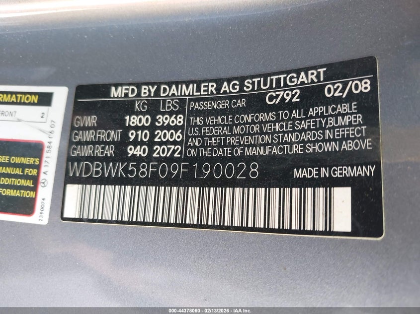 2009 Mercedes-Benz Slk 350 VIN: WDBWK58F09F190028 Lot: 44378060