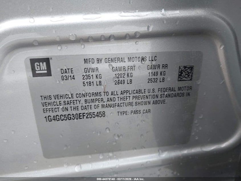 2014 Buick Lacrosse Leather Group VIN: 1G4GC5G30EF255458 Lot: 44378148