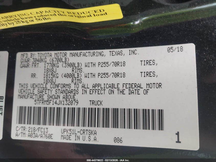 VIN 5TFRM5F14JX132079 2018 TOYOTA TUNDRA SR5 4.6L V8