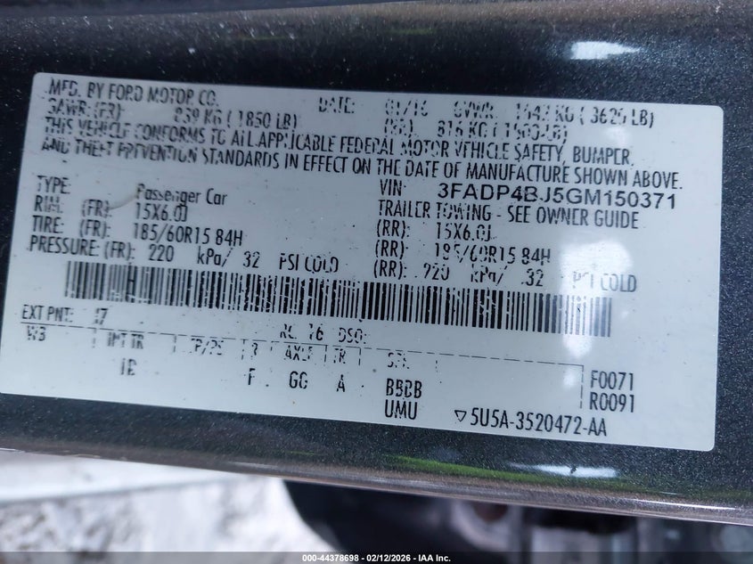 2016 Ford Fiesta Se VIN: 3FADP4BJ5GM150371 Lot: 44378698