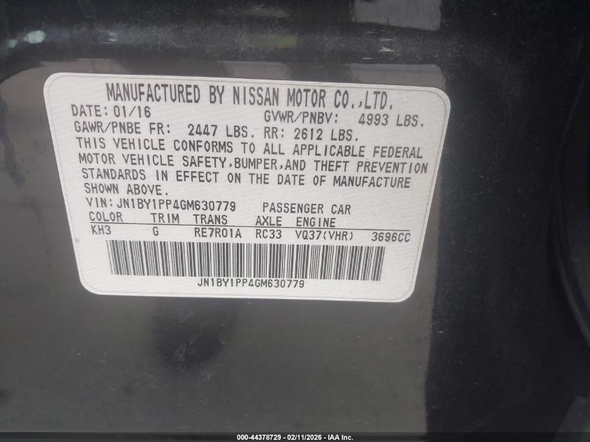 2016 Infiniti Q70L 3.7 VIN: JN1BY1PP4GM630779 Lot: 44378729