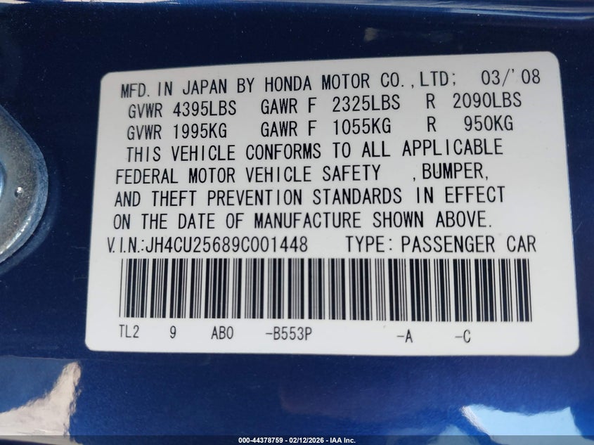 2009 Acura Tsx VIN: JH4CU25689C001448 Lot: 44378759