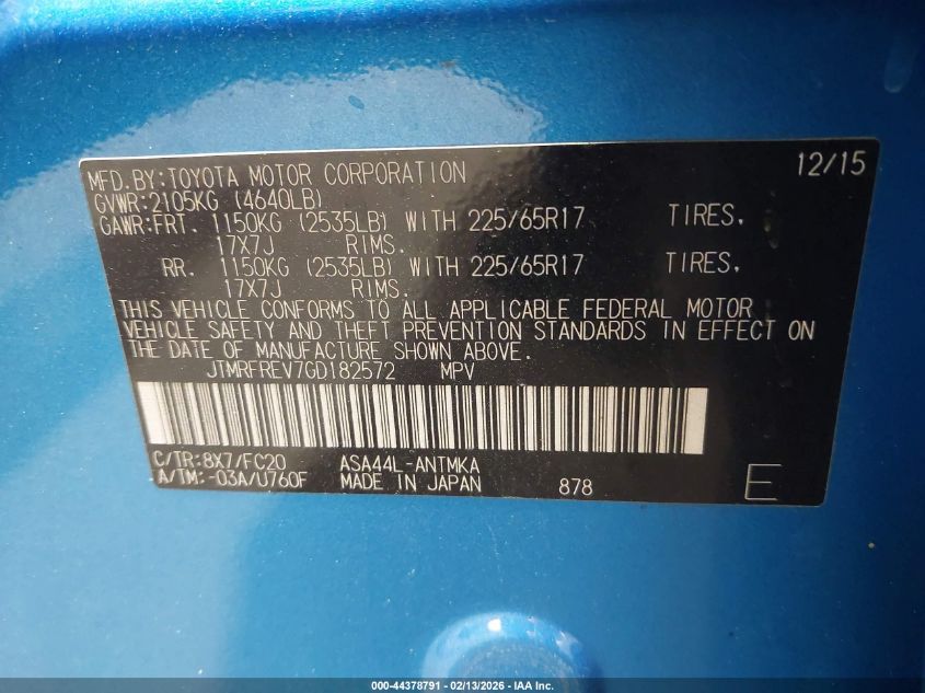 2016 Toyota Rav4 Xle VIN: JTMRFREV7GD182572 Lot: 44378791