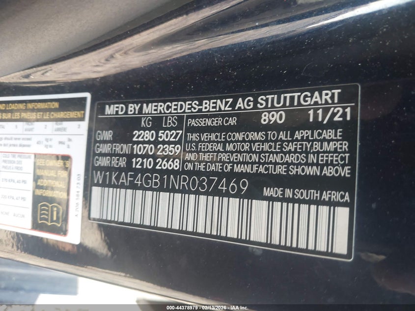 2022 Mercedes-Benz C 300 Sedan VIN: W1KAF4GB1NR037469 Lot: 44378979