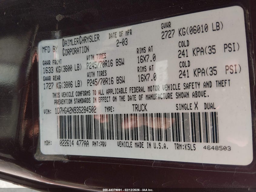 2003 Dodge Dakota Slt VIN: 1D7HG42N93S284502 Lot: 44379091