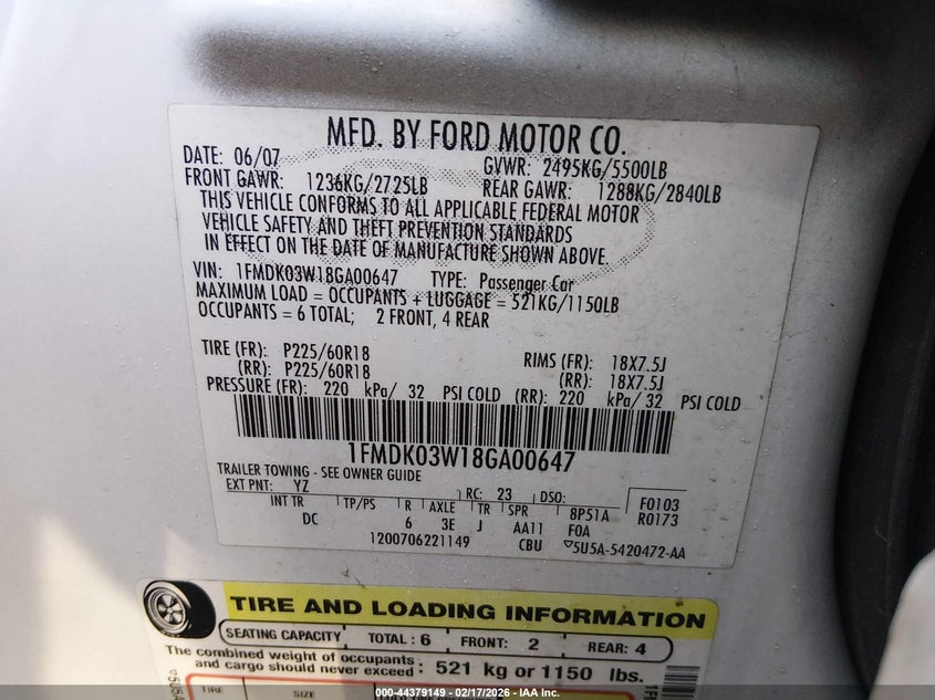 2008 Ford Taurus X Limited VIN: 1FMDK03W18GA00647 Lot: 44379149