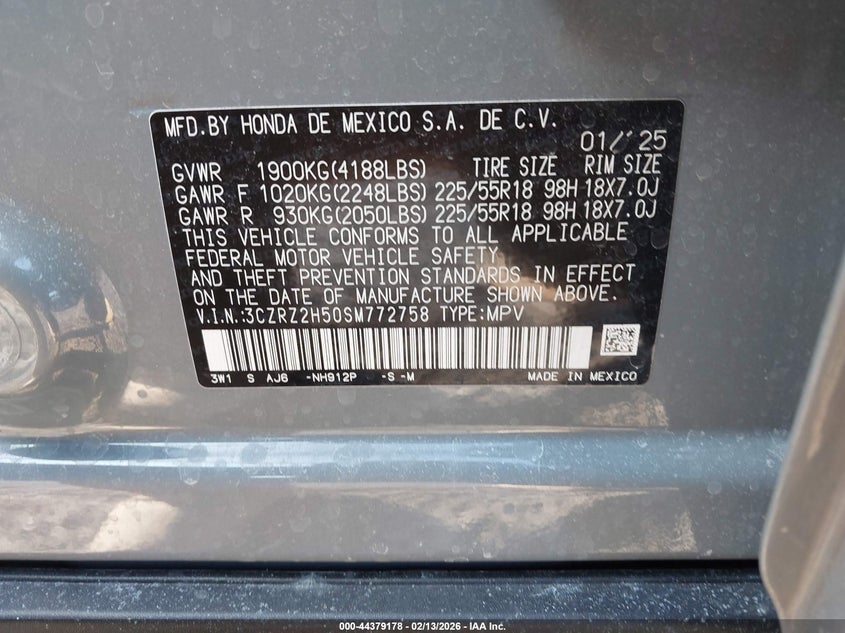2025 Honda Hr-V Awd Sport VIN: 3CZRZ2H50SM772758 Lot: 44379178