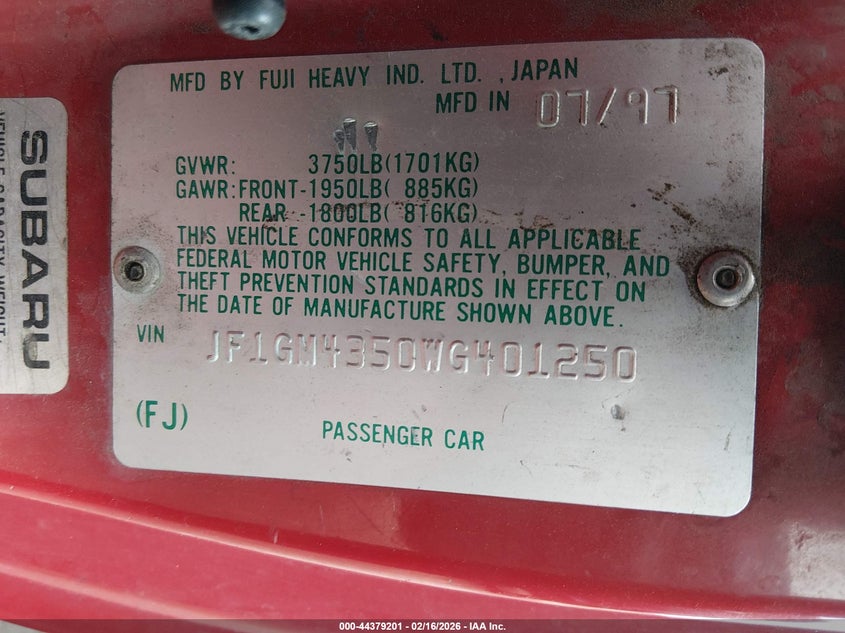 1998 Subaru Impreza L VIN: JF1GM4350WG401250 Lot: 44379201