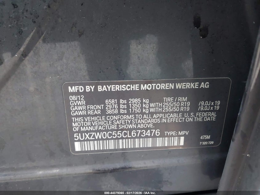 2012 BMW X5 xDrive35D VIN: 5UXZW0C55CL673476 Lot: 44379365