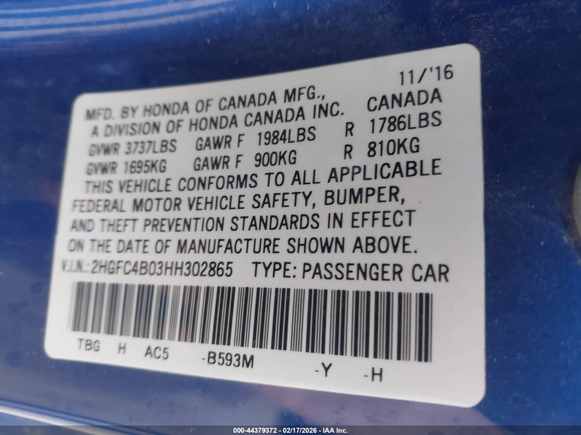 VIN 2HGFC4B03HH302865 2017 HONDA CIVIC LX-P