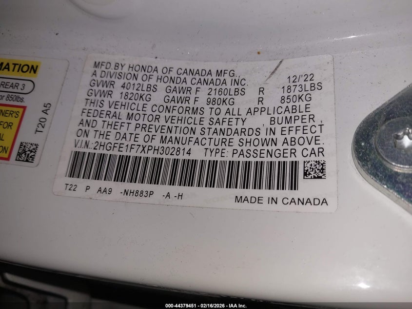 VIN 2HGFE1F7XPH302814 2023 HONDA CIVIC EX/EX W/O BSI